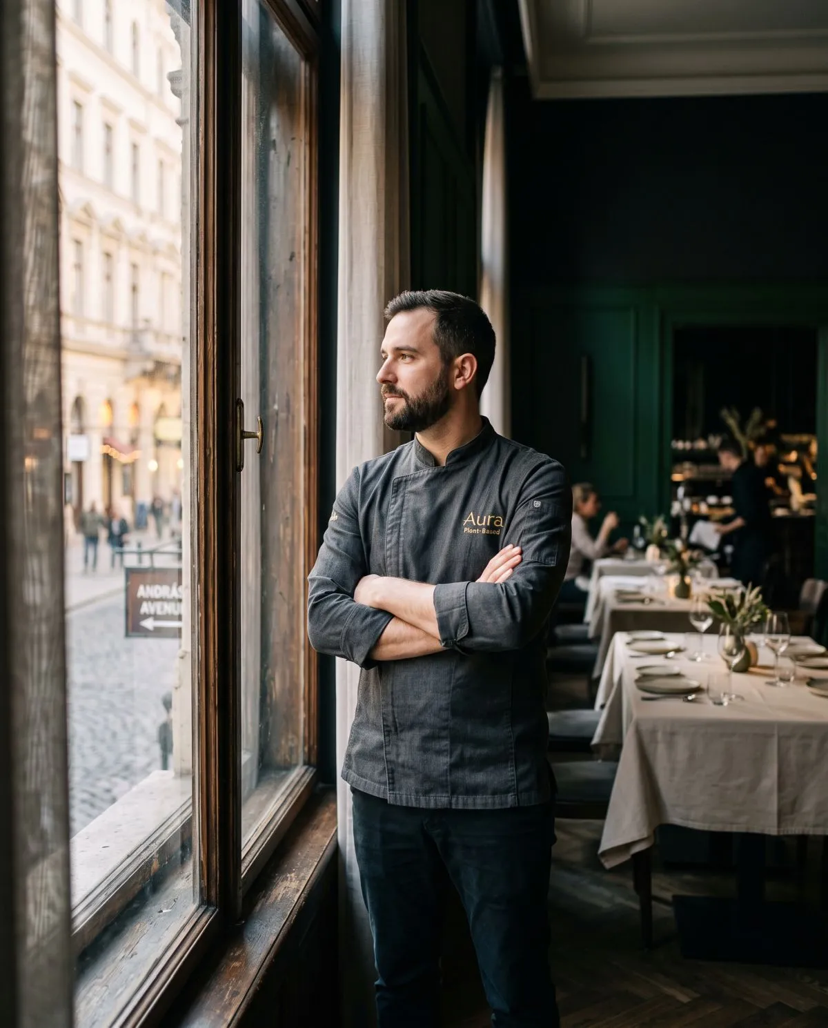A séf portréja természetes fényben, az étterem ablaka mellett