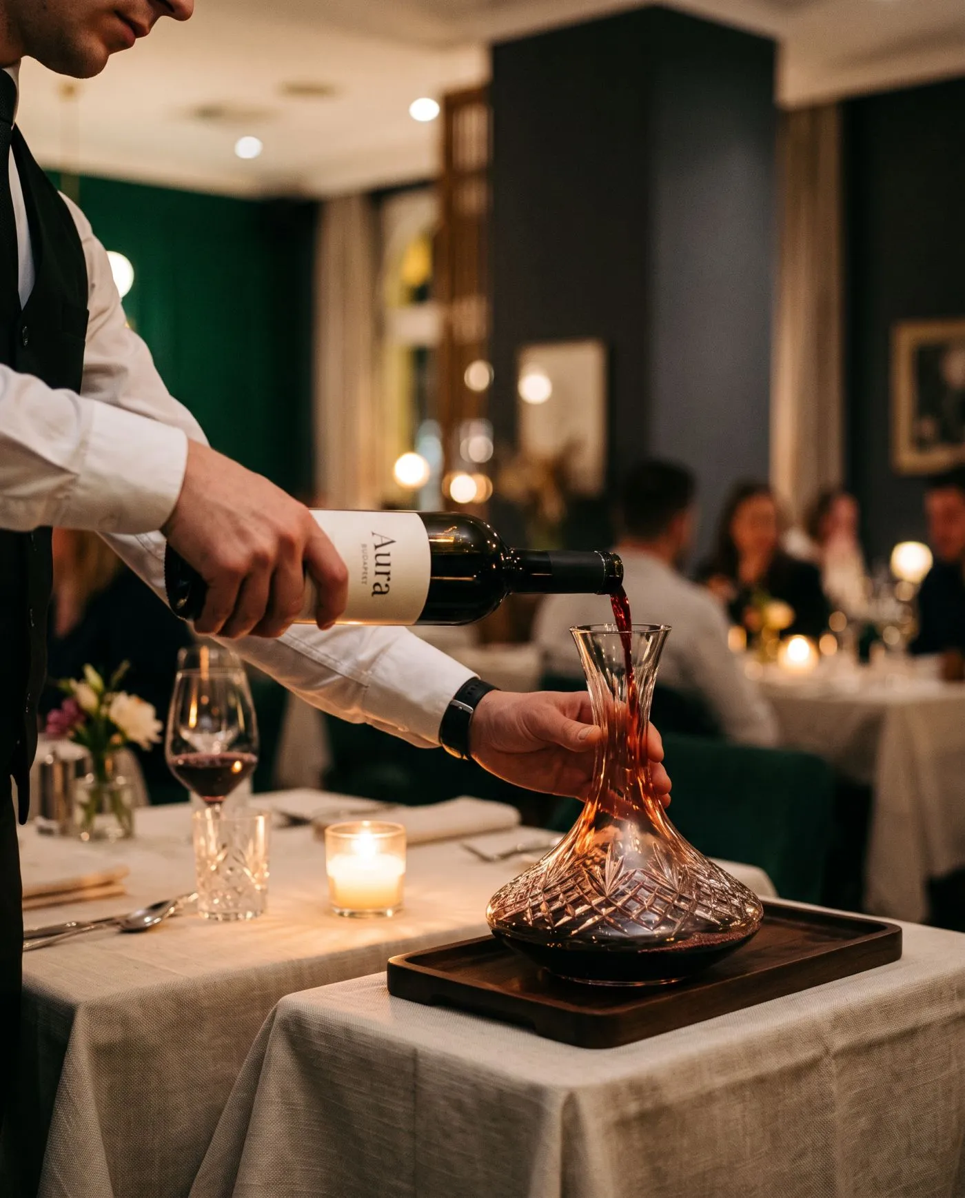 A sommelier bort dekantál a vendég asztalánál